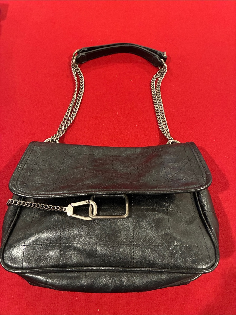 Zara Black Leather Shoulder Bag with Silver Chain Strap